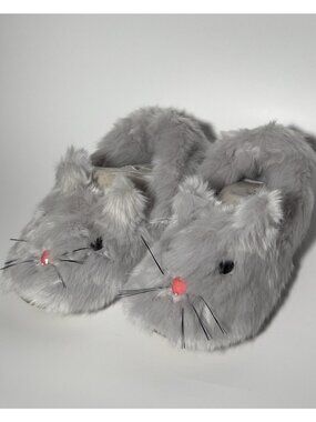 Women’s Gray Fluffy Bunny Rabbit 3D Plush House Slippers Size 6-6.5